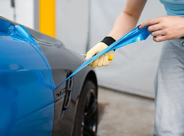 Technician applying blue vinyl wrap to a vehicle body panel