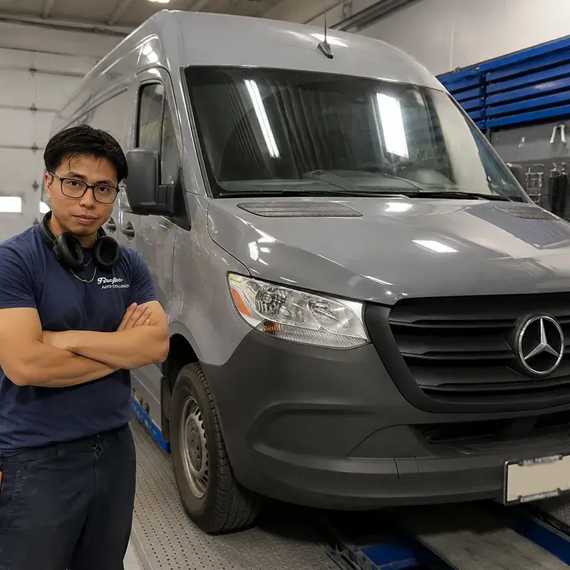 Fireplace Auto Collision technician with a Mercedes-Benz Sprinter