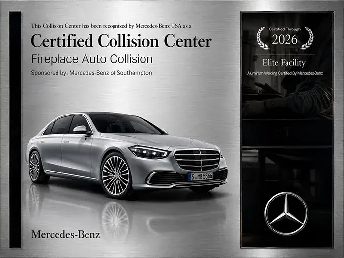 Mercedes-Benz Certified Collision Center recognition awarded to Fireplace Auto Collision in East Hampton, NY.