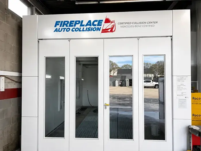 Automotive paint booth at Fireplace Auto Collision in East Hampton, NY.