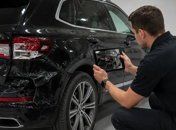 Collision repair estimator documenting rear collision damage on a luxury SUV using a tablet before preparing an insurance repair estimate.