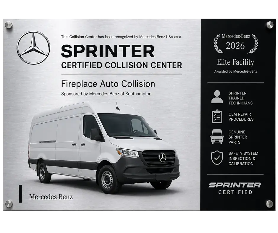 Sprinter certified collision repair at Fireplace Auto Collision in East Hampton Long Island